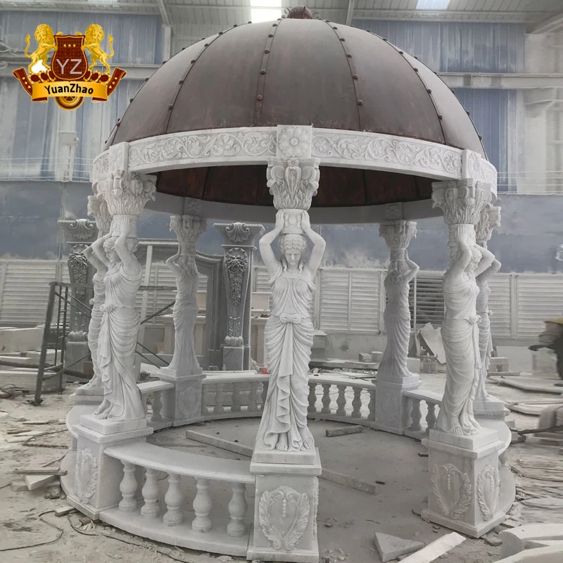 Garden Stone Products Large White Stone Marble Wedding Gazebo with Iron Dome