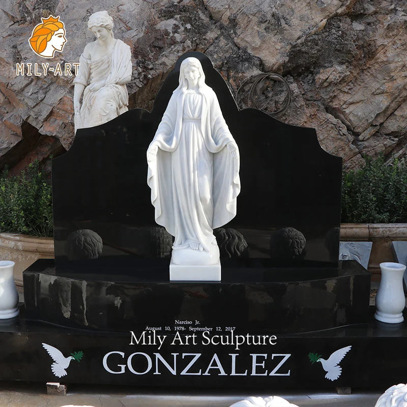 Granite Tombstone with White Marble Virgin Mary Statue Headstone