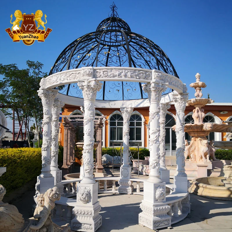 Garden Stone Products Large White Stone Marble Wedding Gazebo with Iron Dome