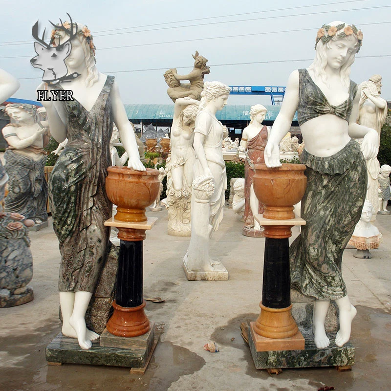 Garden Stone Furniture Hand Carving Natural Solid Marble Flowerpot with Lady Statues