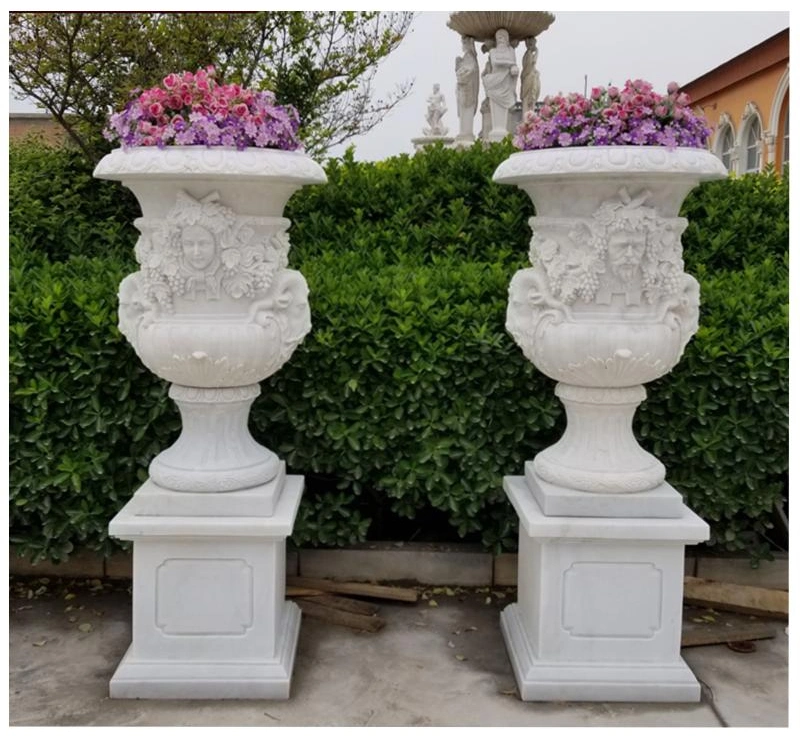 Round White Marble Flowerpot with Relief of Man Face and Grapes