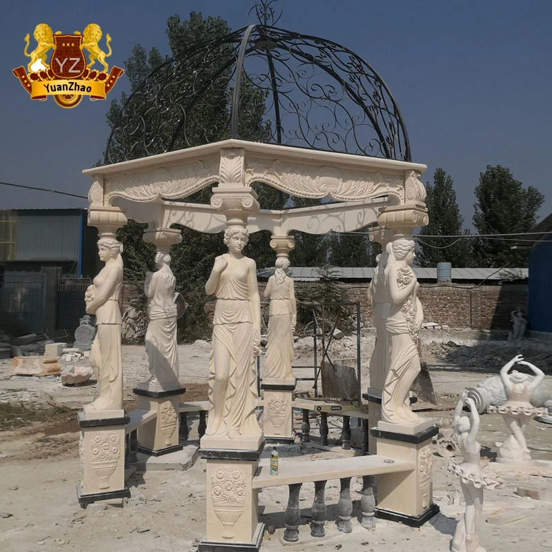 Garden Stone Products Large White Stone Marble Wedding Gazebo with Iron Dome