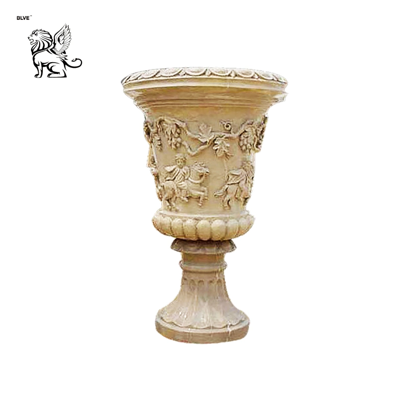 Round Antique Style Pattern Marble Stone Planter Flowerpots Mfd-03