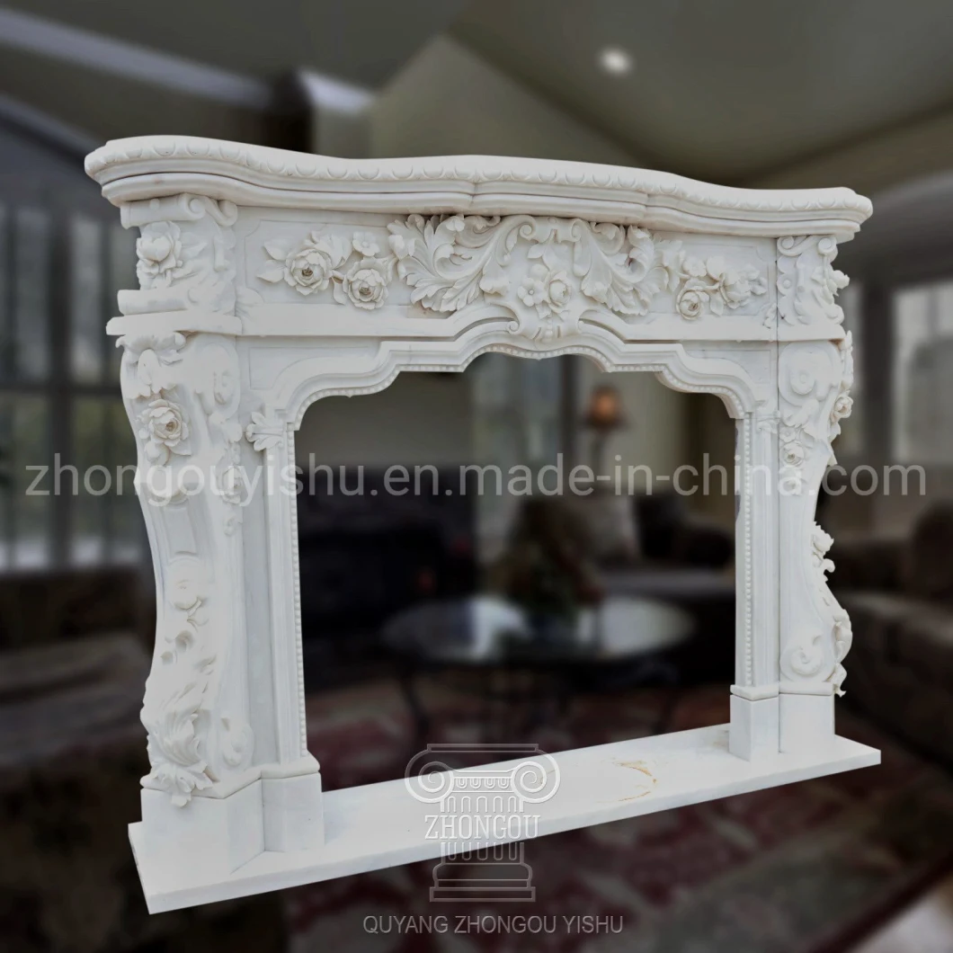 Basic Customization Home Decoration White Marble Fireplace Mantel French Style Hand Carved Marble Interior Design Fireplace