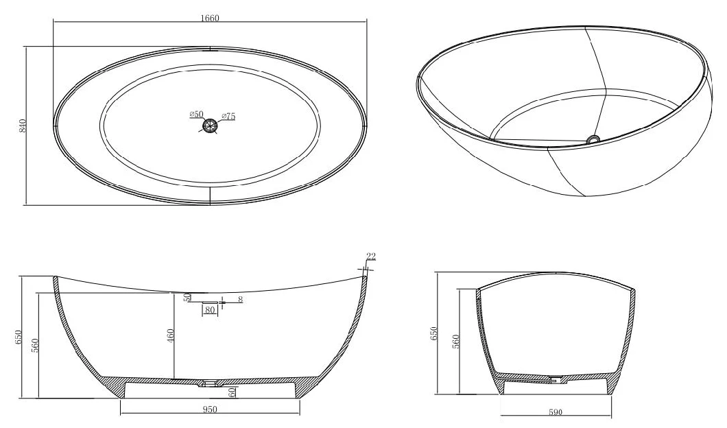 Cheap Price Acrylic Stone Matt White in Marble Solid Resin Bathtub