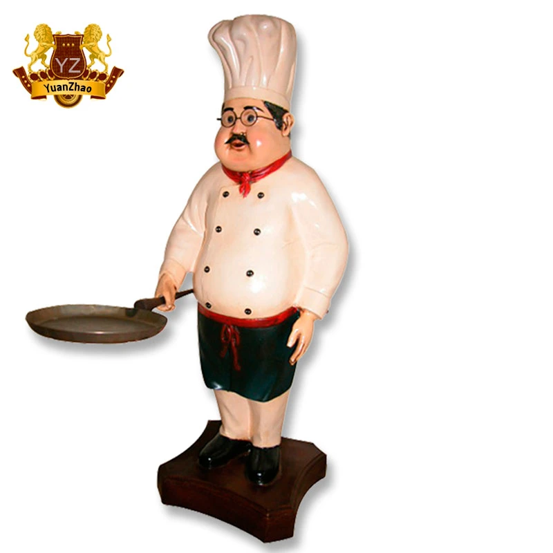 Customized Hand Made Resin Crafts Large Fat French Chef Fiberglass Statue with Skillet Pan