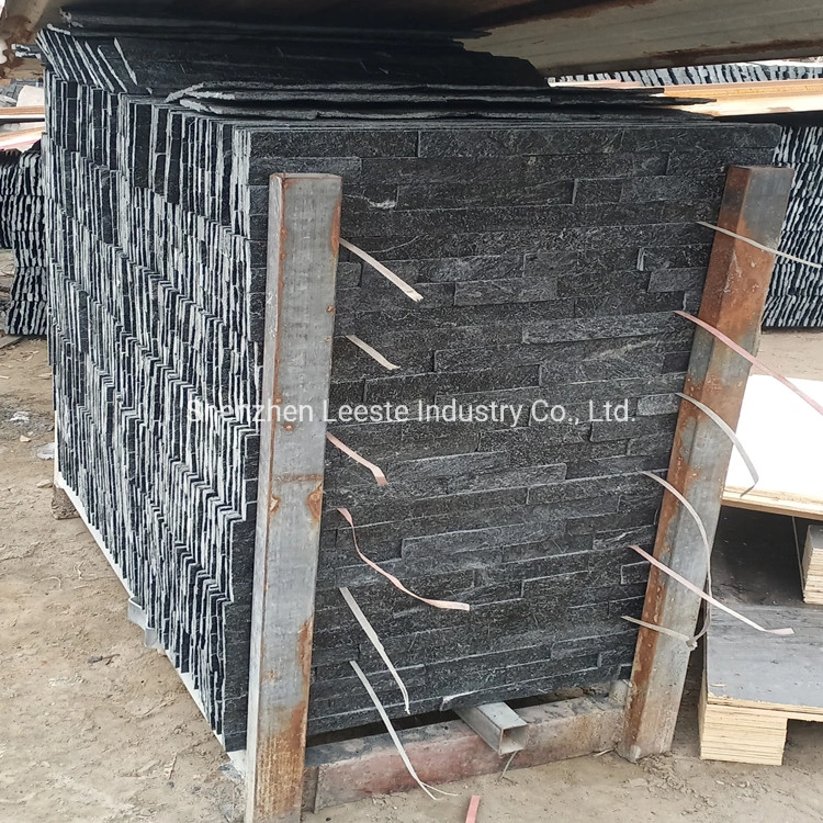 China Natural Veneer Black Quartzite Stacked Exterior Culture Stone Wall Cladding Panel