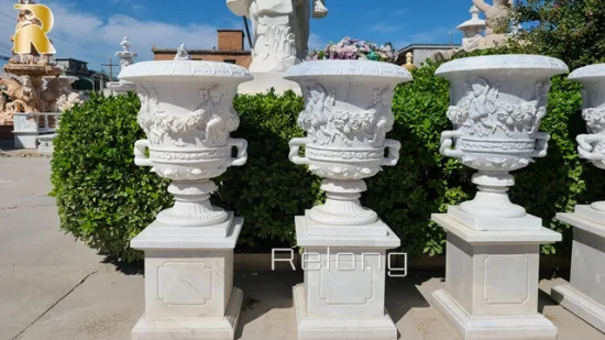 Home Decoration Natural White Pair of Marble Flowerpot Wholesaler